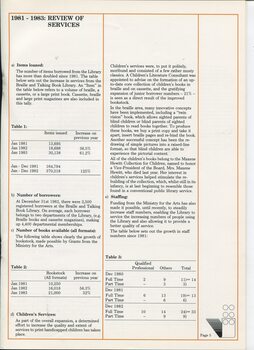 Review of services with tables of items loaned, book stock and percentage increase, and number of staff between 1980 and 1982