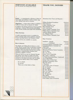 Services available from the library and acknowledgement of trusts, bequests and major donations