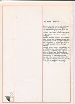 Description of philosophy of library "that all may read"