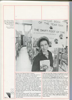 Excerpt of Barrett Reid's citation about Nancy Phelan and photo of author holding her book in the Braille library