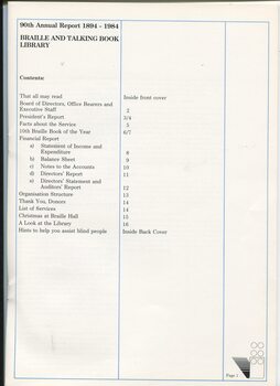 Contents page for the annual report