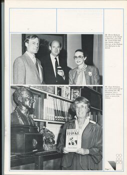 Hector Bathurst, Lloyd O'Neil and Jan Smark at Prahran City Hall, and Joyce Nicholson with a print copy of the winning book in the library
