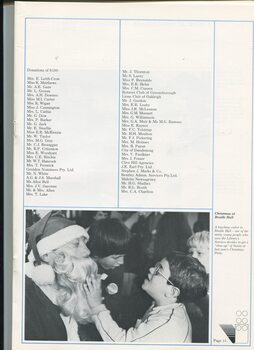 List of major donations and boy touches Santa's beard with other children around him