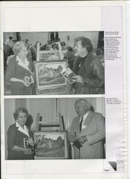 Betty Roland holds Matcham Skipper's sculpture and Matcham Skipper holds Betty Roland's book, Betty Roland and Dr Stephen Murray-Smith