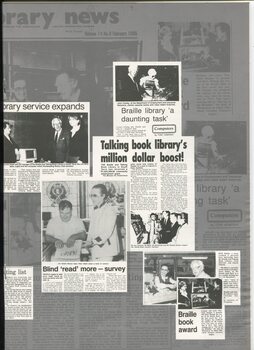 Selection of newspaper articles about the Braille and Talking Book Library