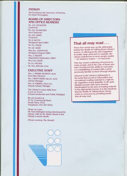 List of Patron, Board and Executive Staff and philosophy of library