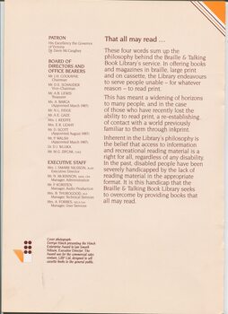 List of Patron, Board of Directors and Office Bearers and Executive Staff, with philosophy of library