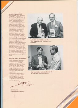 Chairman's report and images of E.M. Kelsall received Braille Book of the Year award from Barrett Reid and Peter Hosking accept Narrator of Year from Hector Bathurst