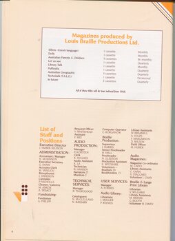 List of staff and their positions as well as magazines produced by Louis Braille Audio