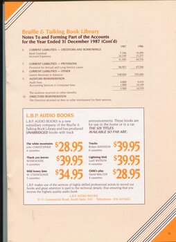 Notes to and forming part of the accounts with advertisement for LBP Audio Books (Louis Braille Productions)