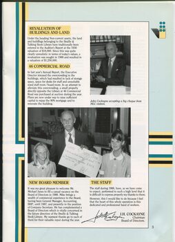 Chairman's report and portrait of John Cockayne behind a desk and being handed a home-made cheque from MLC students