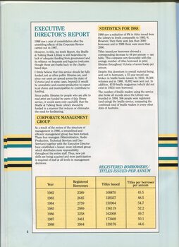 Executive Director's Report and table showing number of borrowers, titles issued and average number of titles borrowed per borrower that year