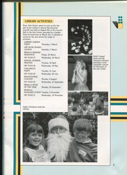 List of library activities and images of RAAF Central Band, Suzanne Johnston singing and Santa with children at the Christmas party