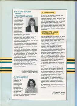 Technical and User Services reports with portraits of Brenda Thurogood and Alison Forbes