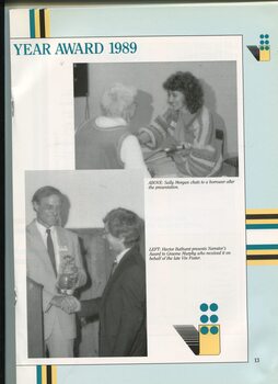 Sally Morgan speaks with a borrower and Hector Bathurst presents Graeme Murphy on behalf of Vin Foster, with Narrator's award
