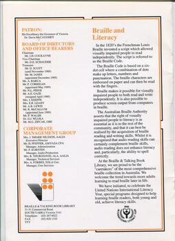 List of Patron, Board of Directors and Office Bearers and Corporation Management Group and Braille as a literacy tool