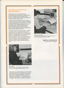 Technical Services report and images of Helen Halls proofing a Braille book and Martha Hills cataloguing on a computer