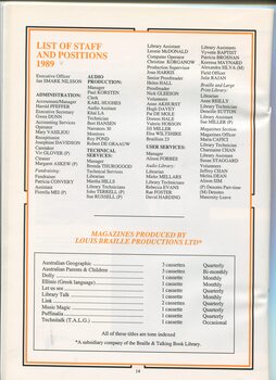 List of staff and their positions and list of magazines produced by Louis Braille Productions
