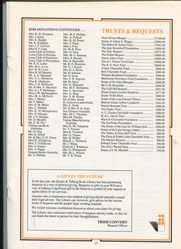 List of people who gave $100 and list of trusts and bequests received, information on how to donate