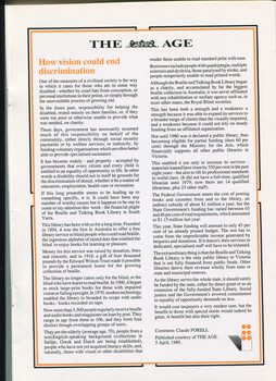 Reprint of letter to the editor from The Age 'How vision could end discrimination' 5 April 1989
