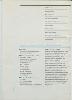 Contents, list of Patron, Board of Directors and Office Bearers and philosophy of the library