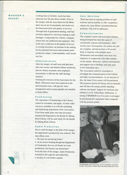 Manager's report and image of Helen Hall proof reading Braille