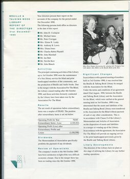 Report of the Directors and image of Elsie Simper in the audience asking a question about the Braille Book of the year
