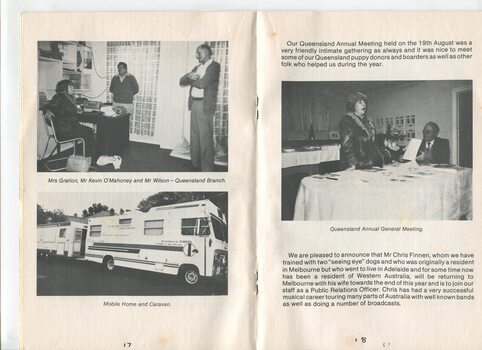 Report to members and images of Queensland AGM, branch staff and a mobile home and caravan