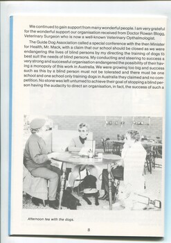 Overview of the history of Lady Nell and image of three people having afternoon tea with dogs sitting below them