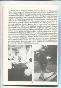 President's report on recent events affecting the school and images of Faye Rea and man using a long cane