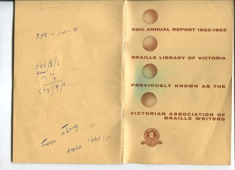 Front cover of report with VABW logo of Board with Braille slate attached
