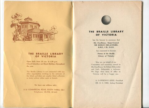 Illustration of octagonal Braille library building and announcement that Sir Rohan Delacombe and agreed to become patron of the library