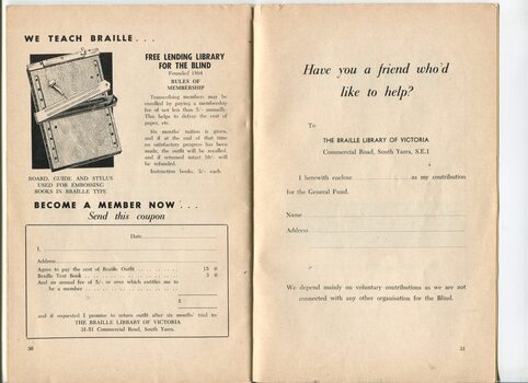 Advertisement for learning Braille or joining the Braille Library