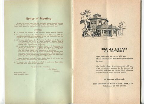 Notice of AGM and illustration of octagonal Braille Library building