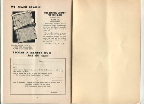 Advertisement for learning to read Braille or becoming a member of the library