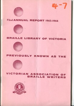 Pink coloured front cover with VABW symbol of Braille board with frame attached