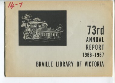 Front cover illustration of octagonal Braille library building in white against a black background