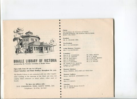Illustration of Braille library building and list of office bearers