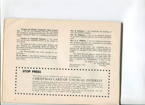 Executive committee report and advertisement for Christmas cards