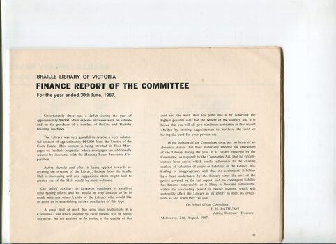 Finance report for the Braille Library of Victoria