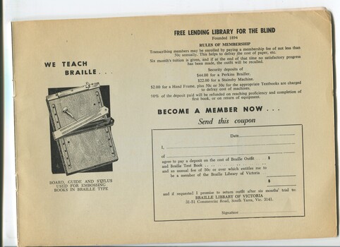 Advertisement for learning Braille or becoming a member of the library