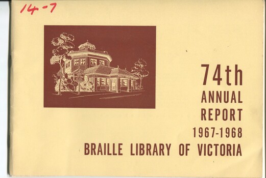 Front cover with white illustration of Braille library building on brown background