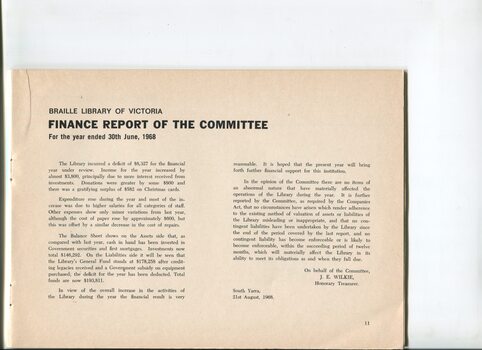Finance Report for the Braille Library of Victoria