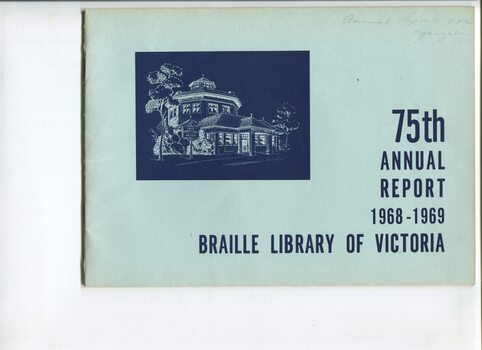 Illustration of Braille Library building in white on dark blue background