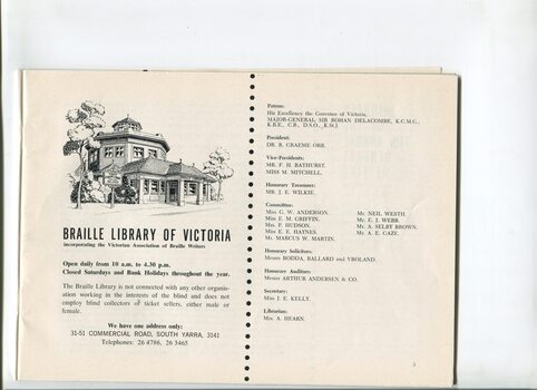 Illustration of octagonal Braille Library building and list of Office Bearers