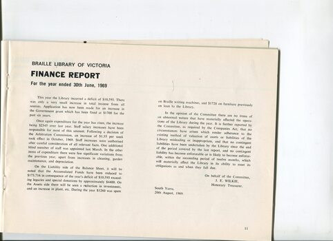 Finance Report for the Braille Library of Victoria