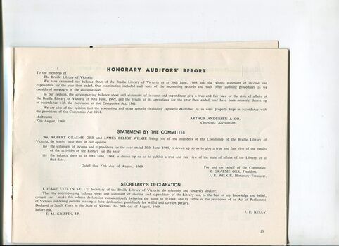 Honorary Auditors report and statements from committee