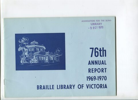Illustration of Braille Library building in white on dark blue background