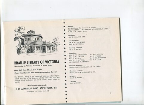 Illustration of octagonal Braille Library building and list of Office Bearers