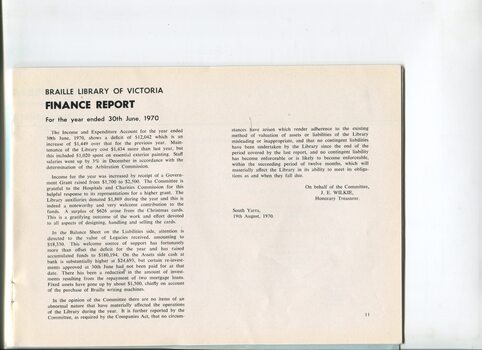 Finance Report for the Braille Library of Victoria